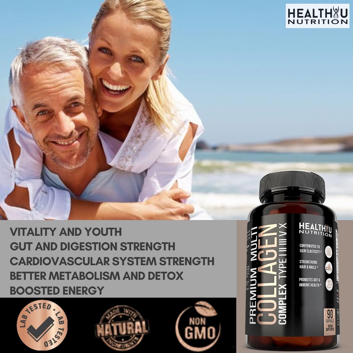 HEALTHYU NUTRITION Premium Multi Collagen Peptides Capsules, 90 Count