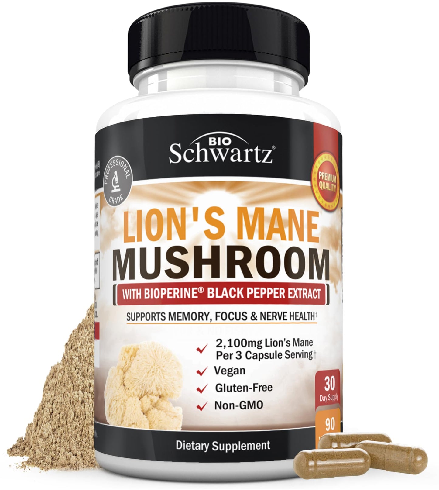 BioSchwartz Organic Lions Mane Supplement Capsules, 90 Count