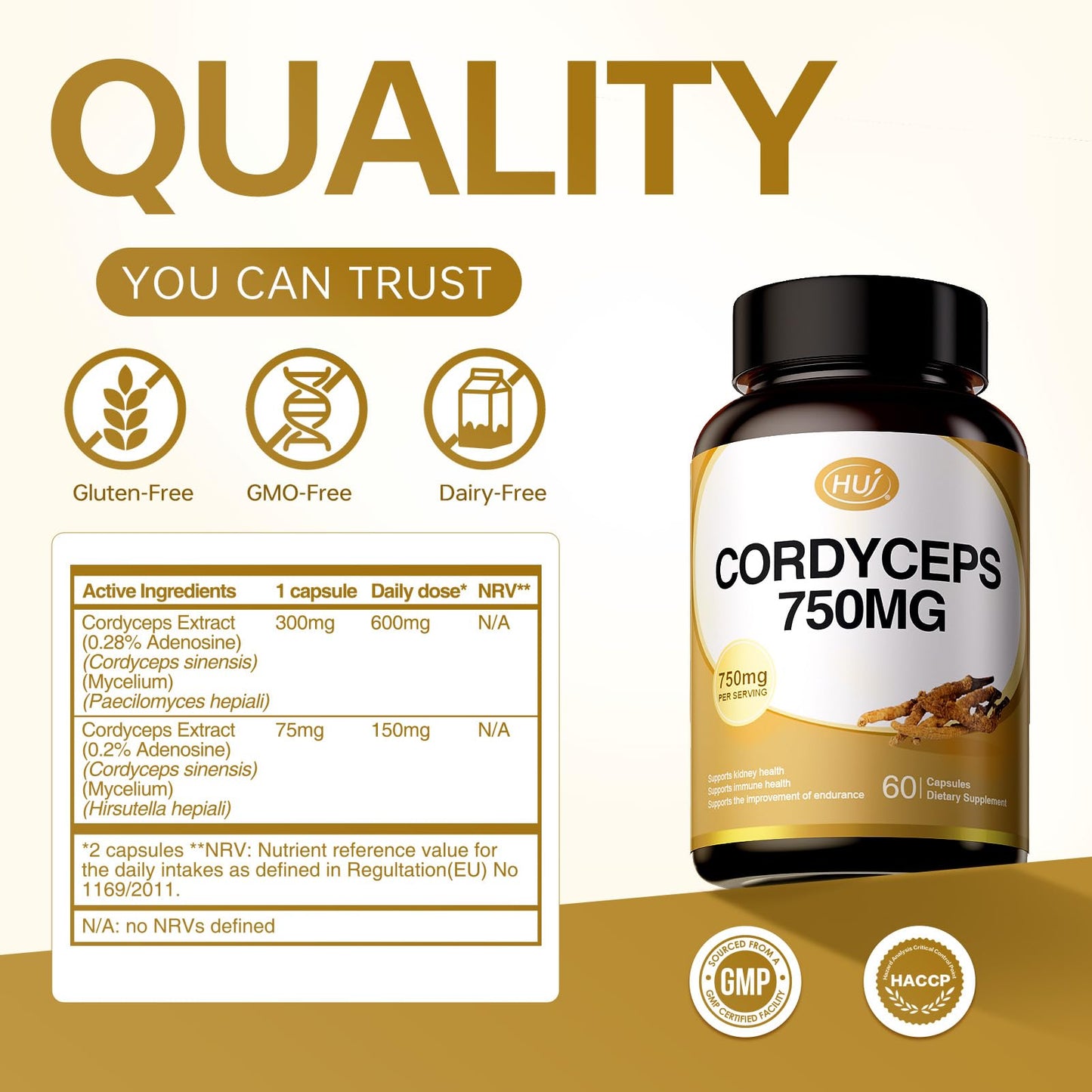 HUJ Cordyceps Mushroom Capsules - Cordyceps Supplement with Dual Mycelium - Kidney Health, Immune Health & Energy Support, 60 Capsules