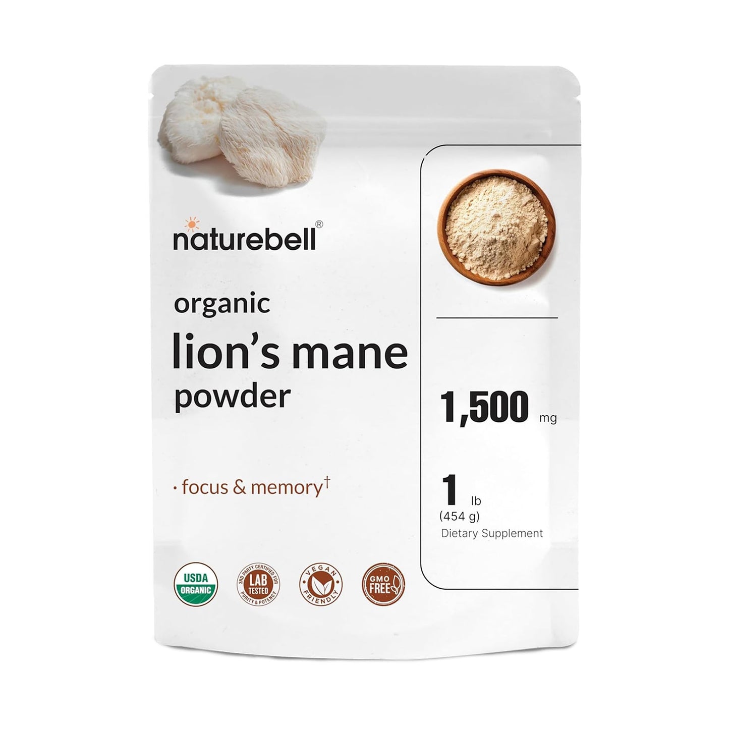 NatureBell Organic Lion's Mane Powder 1,500mg, 1 lb, 1 Pack