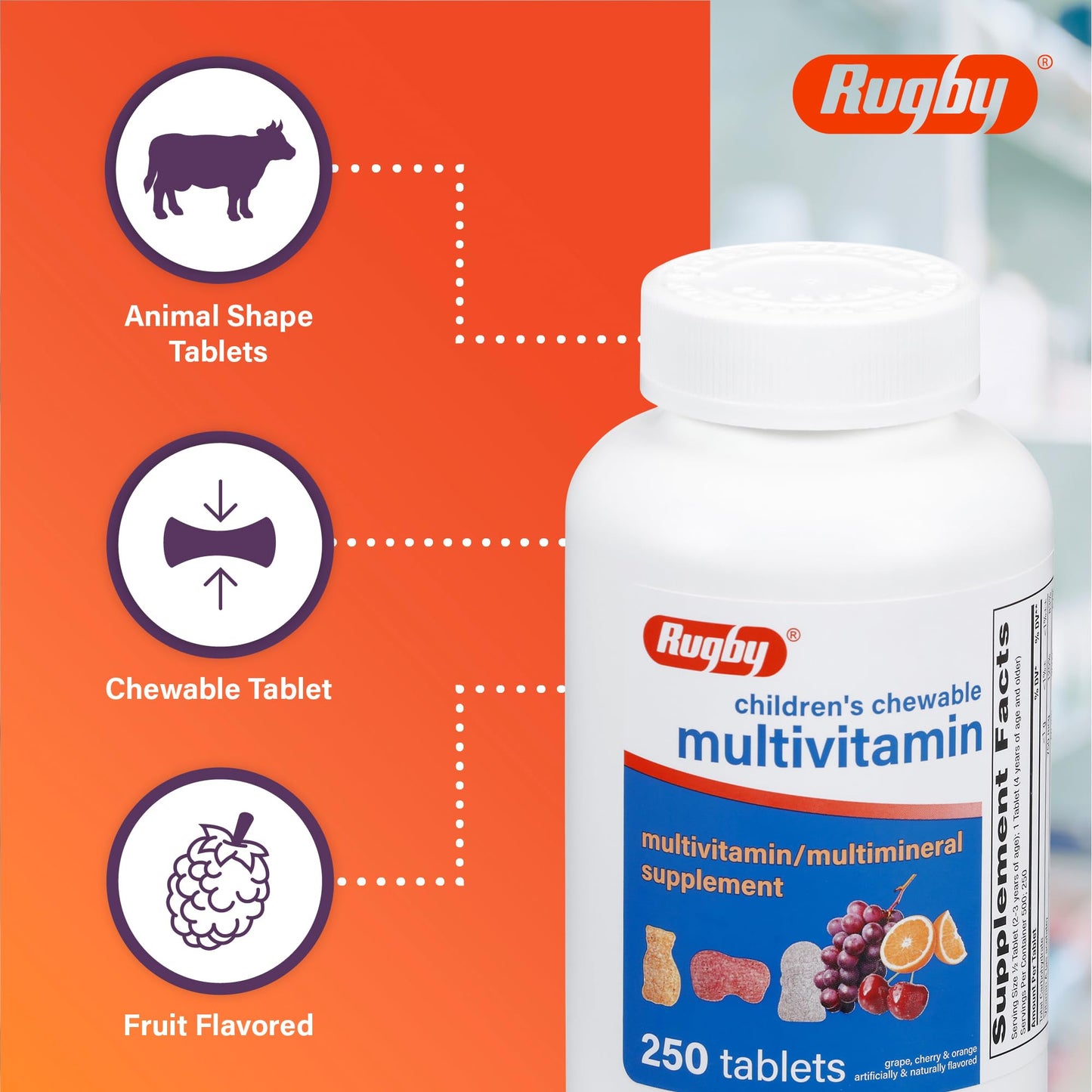 Rugby Laboratories Children's Chewable Multivitamin Tablets, 250 Count