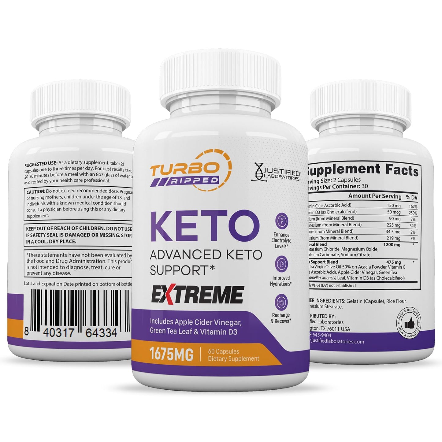 Justified Laboratories Turbo Ripped Keto ACV Extreme Capsule 1675MG Keto Support Blend 120 Capsules
