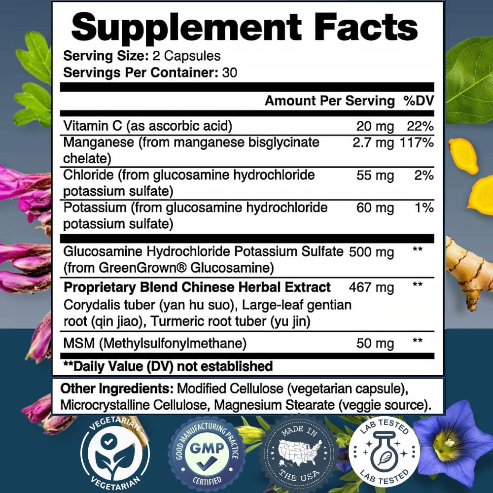 Vytanutra Joint Support for Seniors & Active Adults - Glucosamine, MSM, Vitamin C & Herbal Blend with Corydalis & Turmeric - Mobility & Flexibility Formula - 180 Capsules