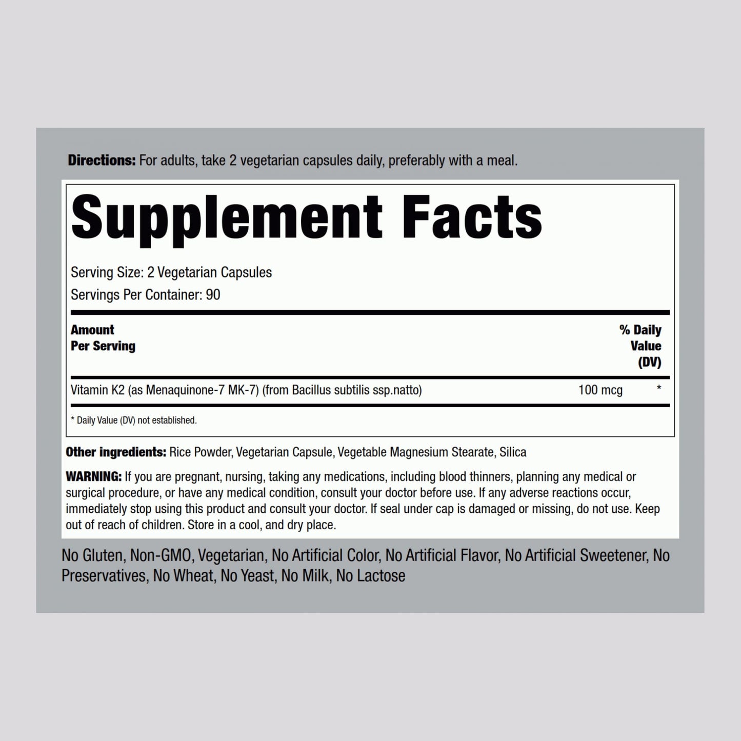 Piping Rock K2 MK7 Vitamin Supplement Capsule 180 Count