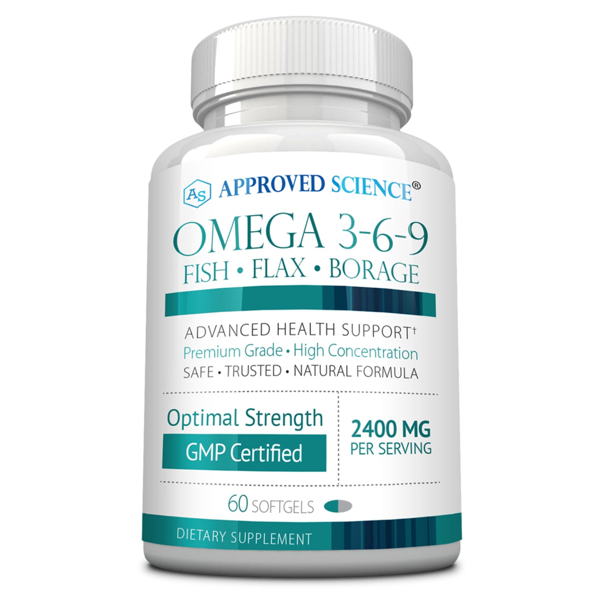 Approved Science Omega 3-6-9-2400mg Daily Blend of Fish, Flaxseed, and Borage Oils with Vitamin E - Wellness Support - Non-GMO, Mercury-Free Softgels 60 Count
