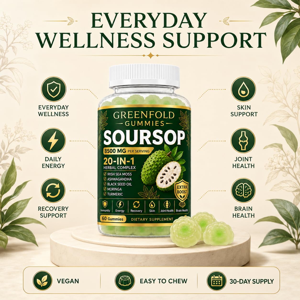 Greenfold Soursop Gummies 20-in-1 Immune Support & Daily Wellness, Herbal Supplement with Soursop Leaf Extract, Sea Moss, Ashwagandha, Black Seed Oil, Moringa, Turmeric & Oregano, Vegan 60 Gummies