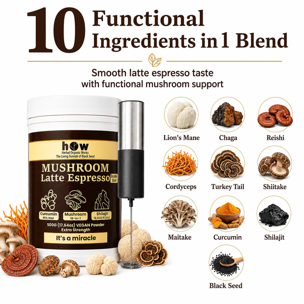 Herbal Organic Works 10-in-1 Mushroom Coffee Latte Powder, 1 Pack