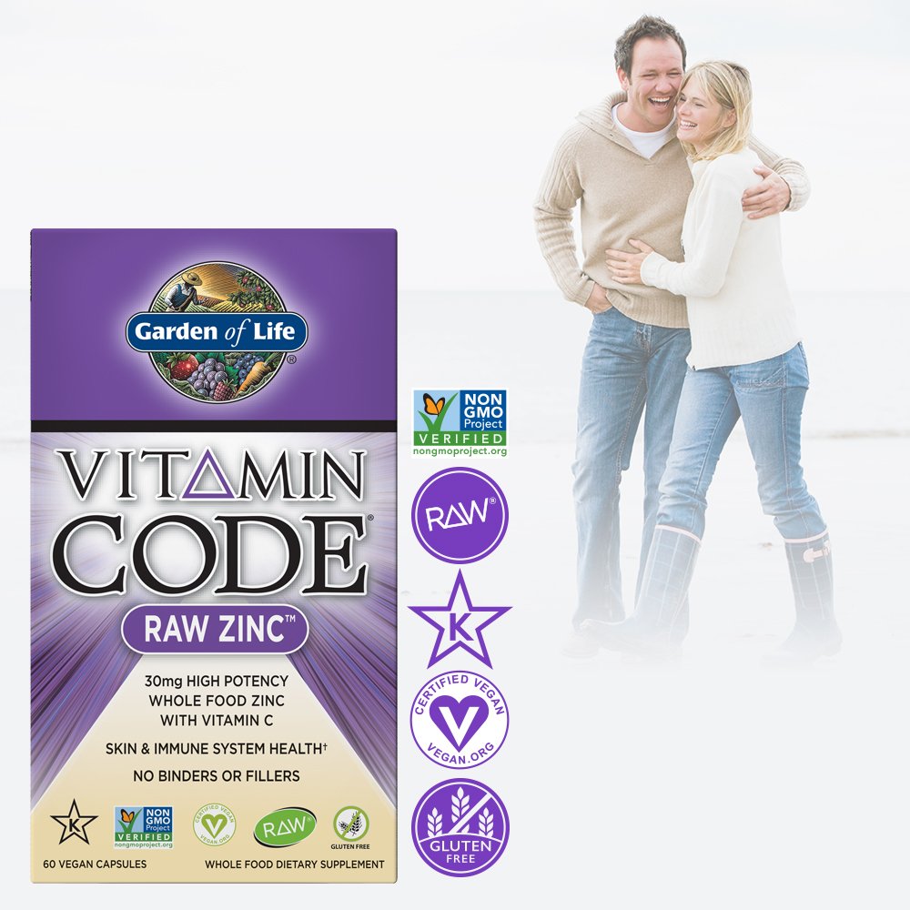 Garden of Life Vitamin Code Raw Zinc 30mg Whole Food Zinc Supplement + Vitamin C, Trace Minerals & Probiotics for Immune Support, Certified Vegan Non-GMO & Gluten Free Zinc Supplements, 60 Capsules