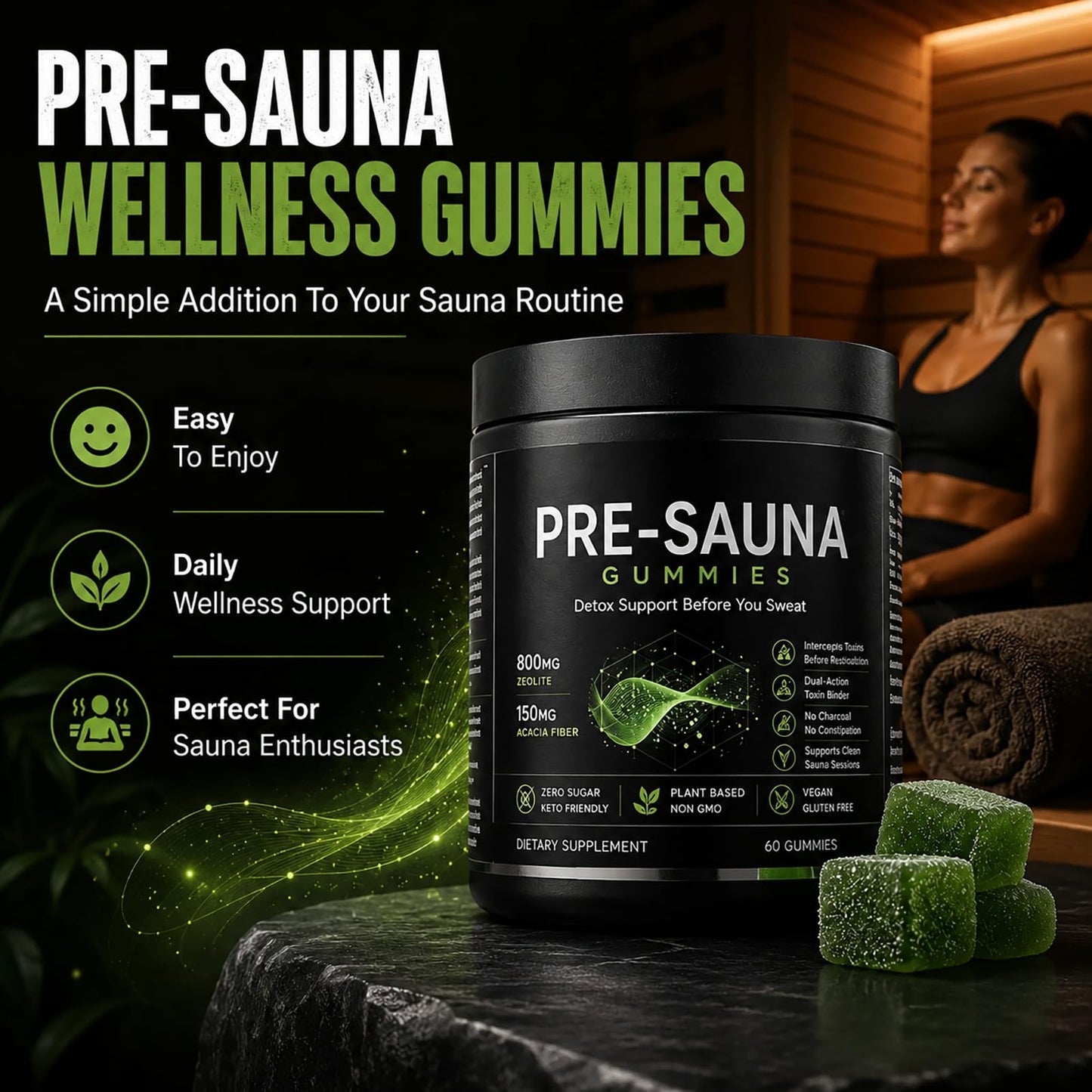 Tfnovg Pre-Sauna Gummies with Clinoptilolite Zeolite + Acacia Fiber, 60 Gummies
