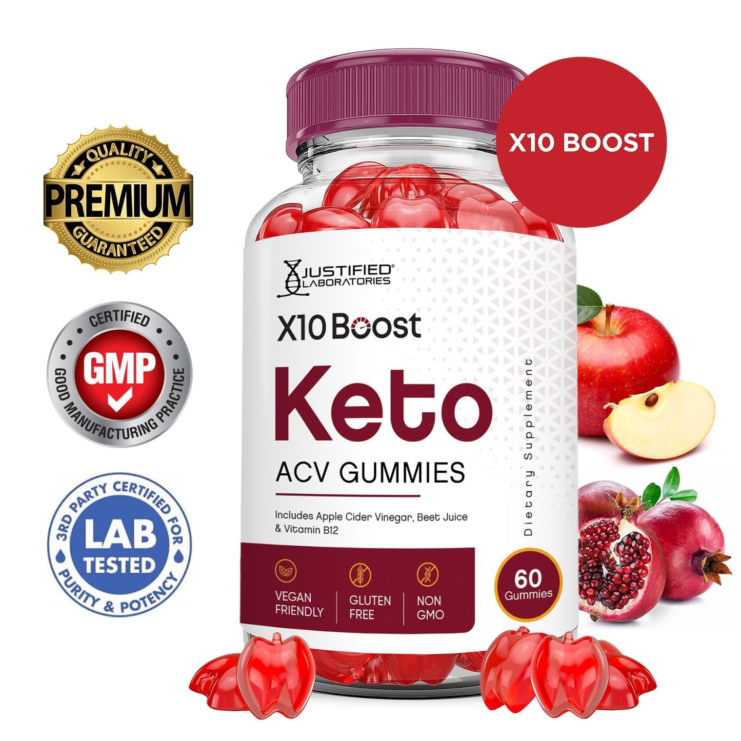 Justified Laboratories X10 Boost Keto ACV 1000 mg with Apple Cider Vinegar, Folate & Vitamin B12, Non-GMO, Vegan, Gluten Free, 180 Gummies
