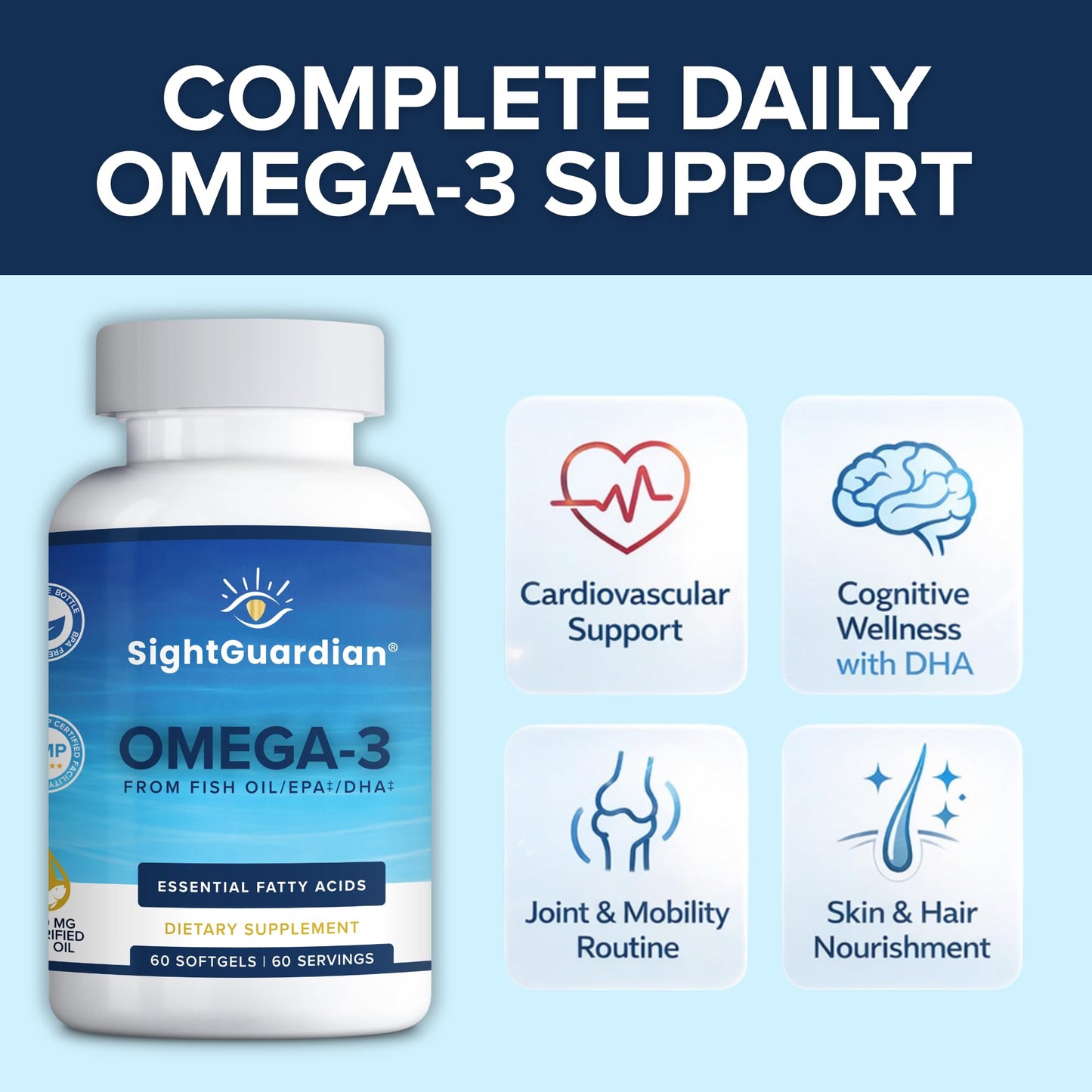 Focus Vision Supplements Sight Guardian Omega-3 with EPA, DHA, 100mg Fish Oil per Serving, Capsules, 60 Count