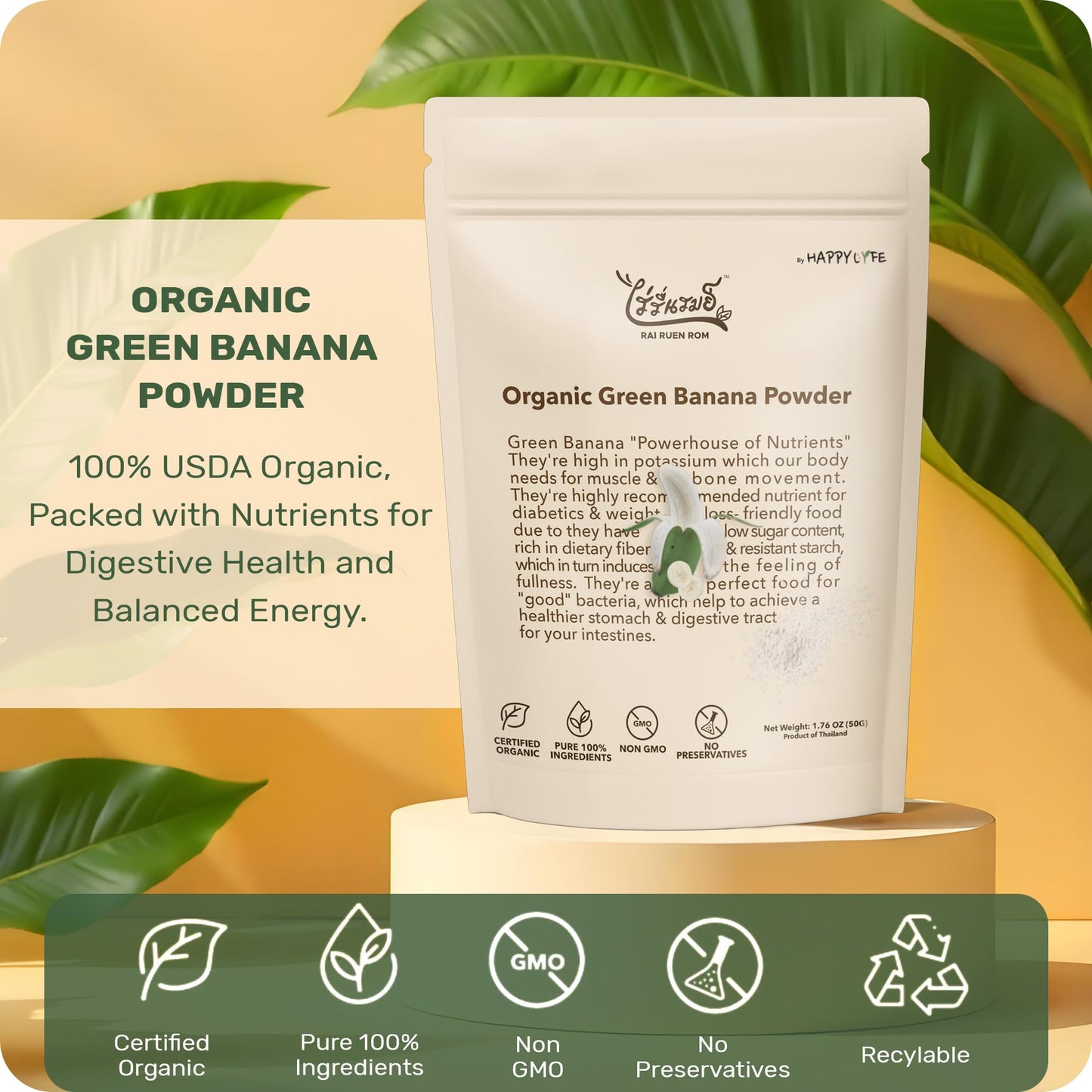 HappyLyfe Rairuen ROM Organic Green Banana Powder 1.76 Ounce