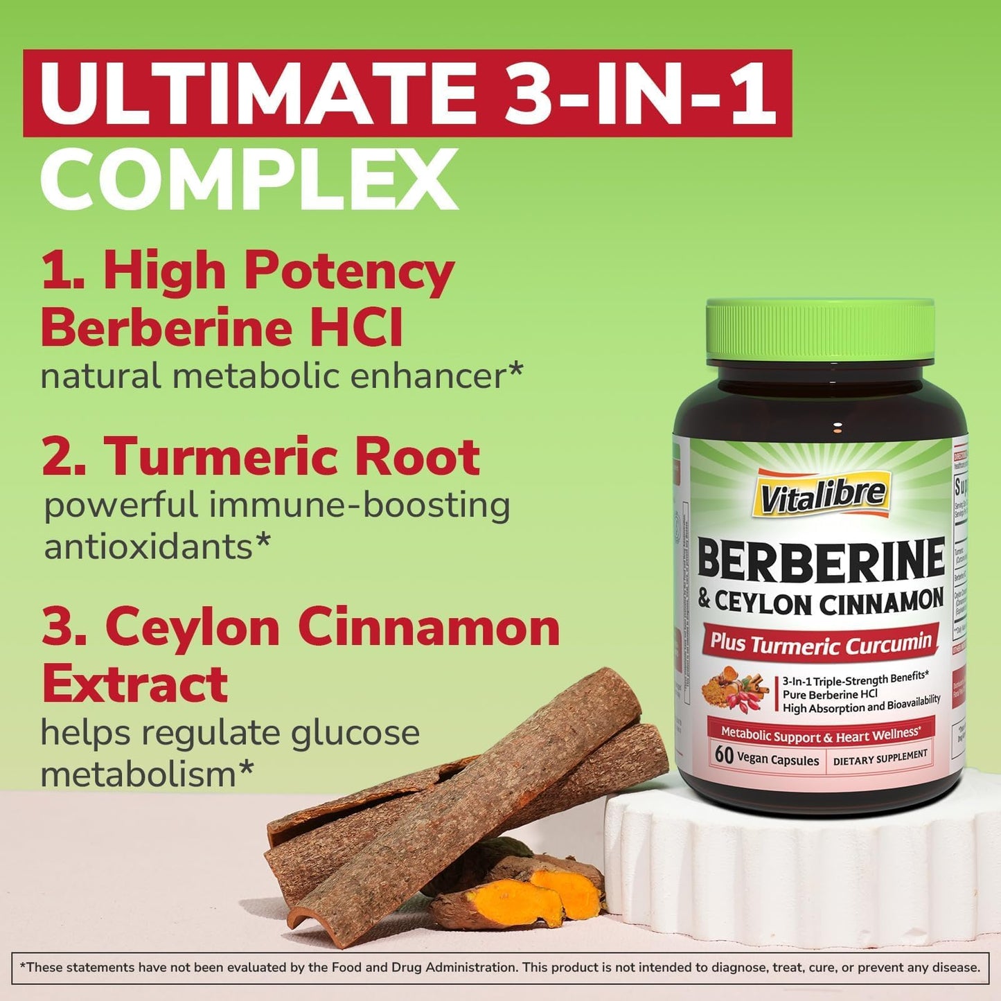 Vitalibre Berberine with Ceylon Cinnamon, Turmeric Root, Triple Strength, 97% High Potency Berberine HCl, 60 Capsules