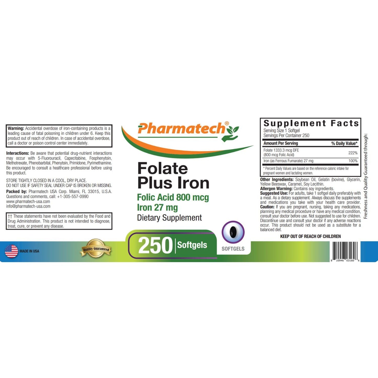 PHARMATECH Folic Acid 800 mcg Plus Iron 27 mg Prenatal Softgels, 250 Count