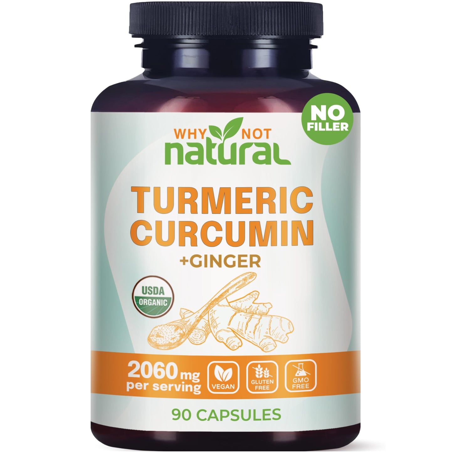 Why Not Natural Organic Turmeric Curcumin Supplement with Ginger and Black Pepper - Tumeric Capsule 90 Count