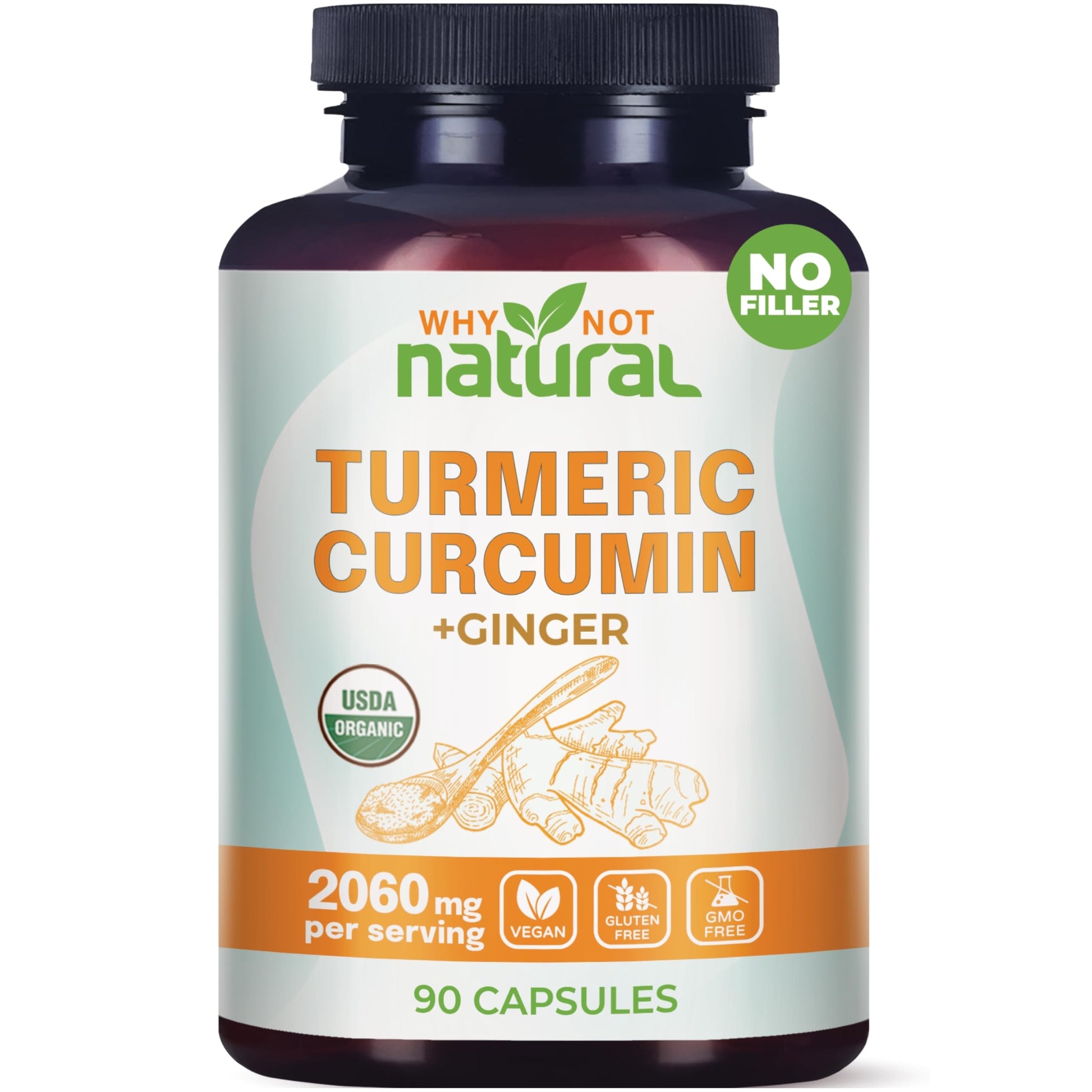 Why Not Natural Organic Turmeric Curcumin Supplement with Ginger and Black Pepper - Tumeric Capsule 90 Count