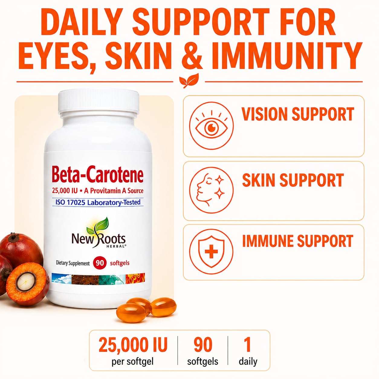 NEW ROOTS HERBAL Beta-Carotene 25,000 IU Supplements Vitamin A Softgels 90