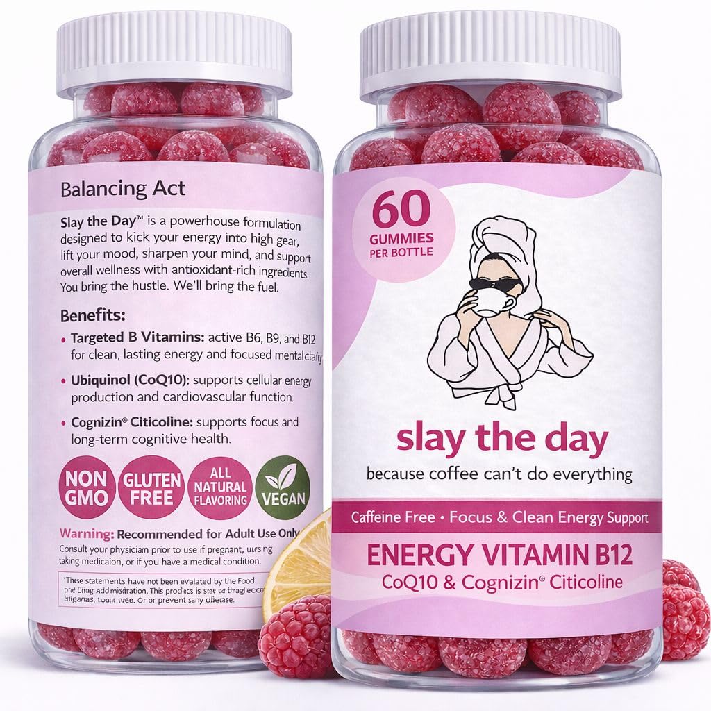 Balancing Act Slay The Day Energy Gummies – Caffeine Free Focus & Clean Energy Support – with Vitamin B12, CoQ10 & Cognizin Citicoline – Raspberry Lemonade, 60 Gummies