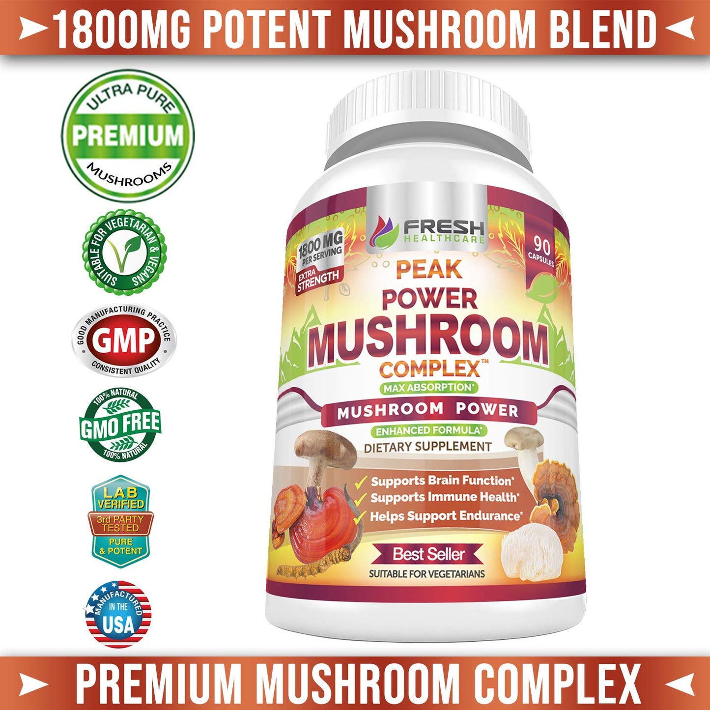 FRESH HEALTHCARE Mushroom Supplement with Lion's Mane, Cordyceps, Reishi, Turkey Tail, Shiitake - 90 Capsules