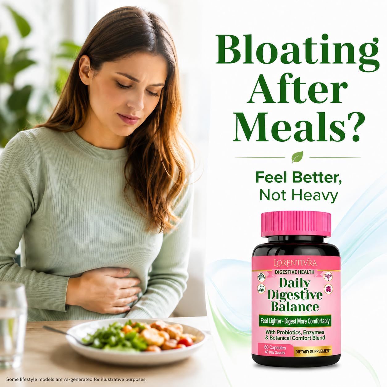 Lorentivra Daily Gut Health Supplement with 13 Digestive Enzymes, Prebiotics, Probiotics & Magnesium Complex Capsules, 60 Capsules