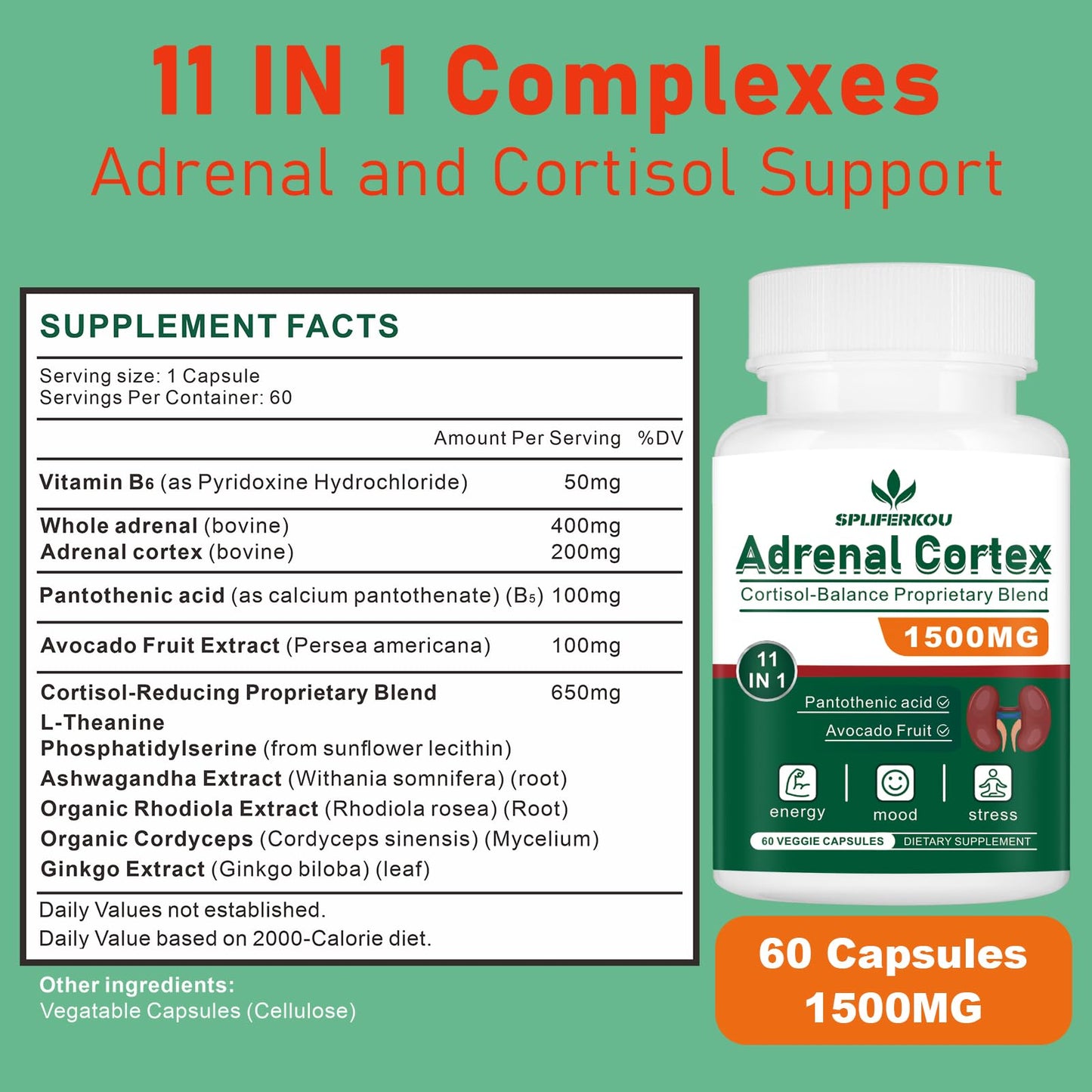 Spliferkou 11-in-1 Adrenal Support Supplement Capsule, 60 Count