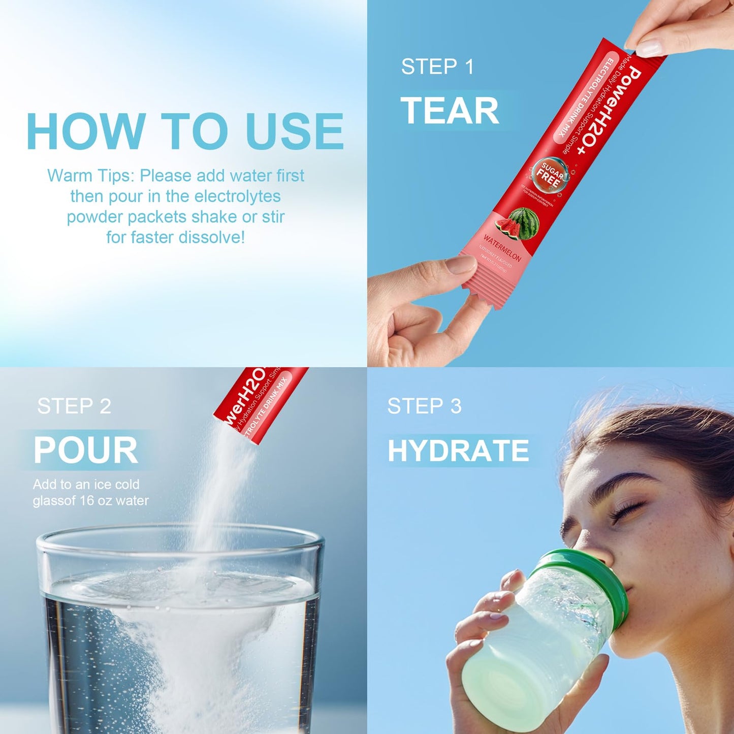 PowerH2O+ Watermelon Electrolytes Powder, 20 Sticks