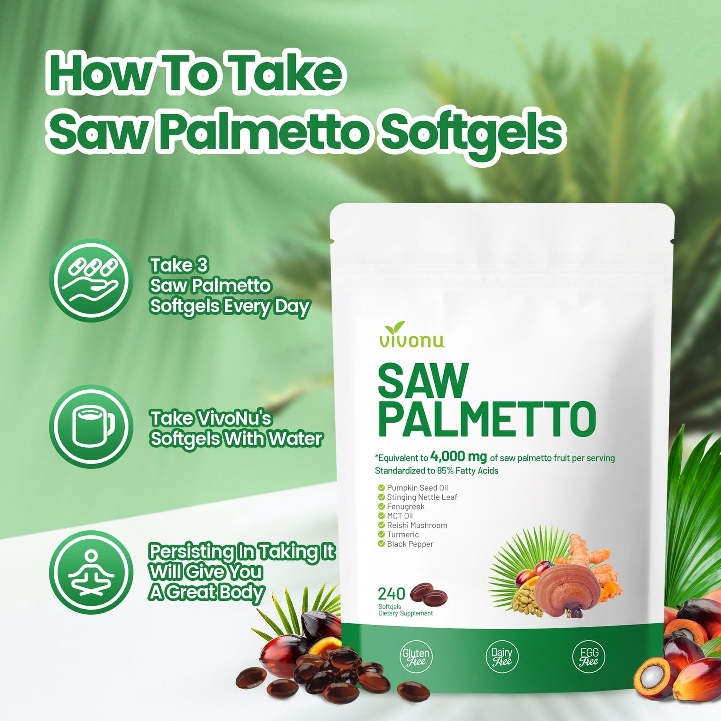 VivoNu Saw Palmetto Capsules Extract 8 in 1, Pumpkin Seed Oil, 240 Softgels