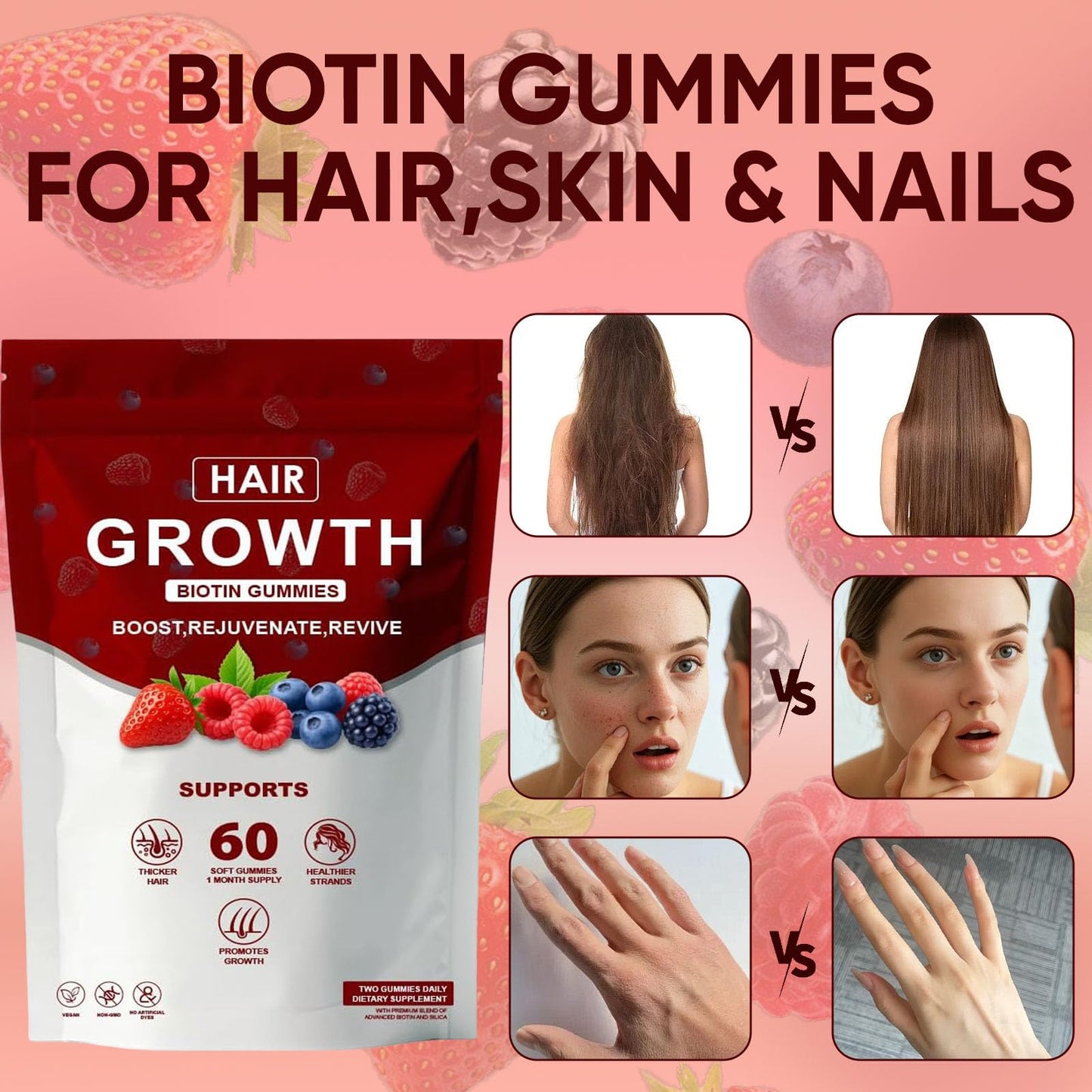 Neonomicon Hair Growth Gummies with Biotin, Vitamin C & E, Rosemary, Saw Palmetto – Supports Healthy Hair Growth & Strength, Skin & Nail Care – Mixed Berry Flavor, 60 Gummies