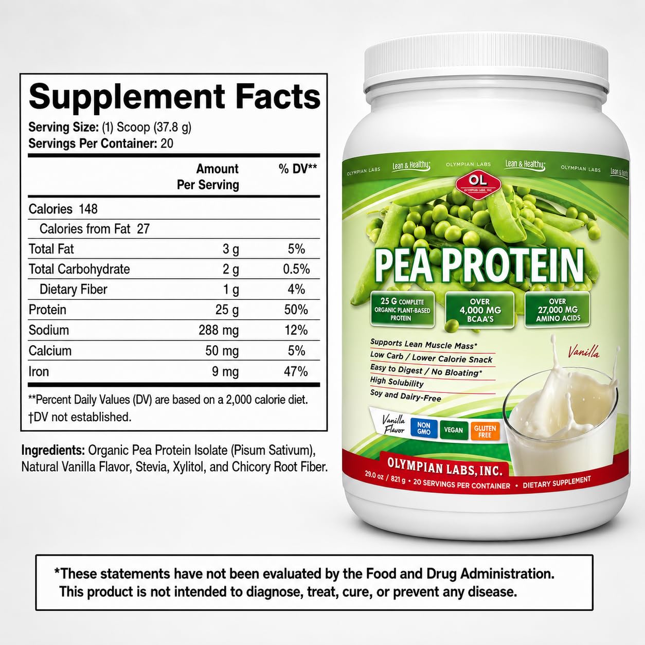 Olympian Labs Plant Based Vanilla Pea Protein Powder, 1.62 lb
