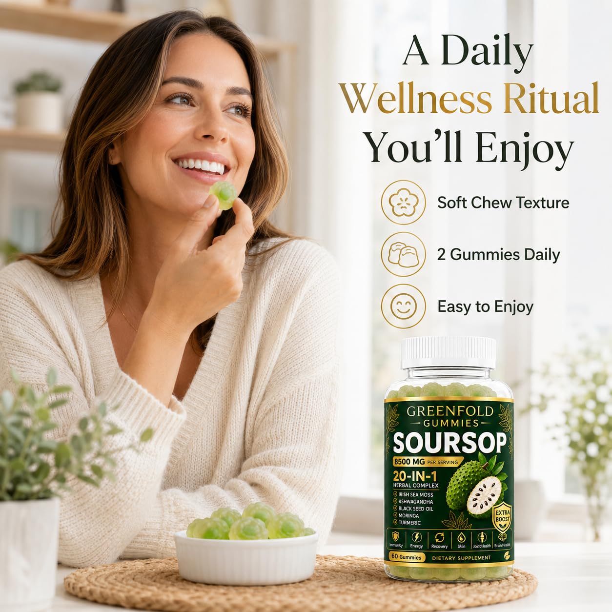 Greenfold Soursop Gummies 20-in-1 Immune Support & Daily Wellness, Herbal Supplement with Soursop Leaf Extract, Sea Moss, Ashwagandha, Black Seed Oil, Moringa, Turmeric & Oregano, Vegan 60 Gummies