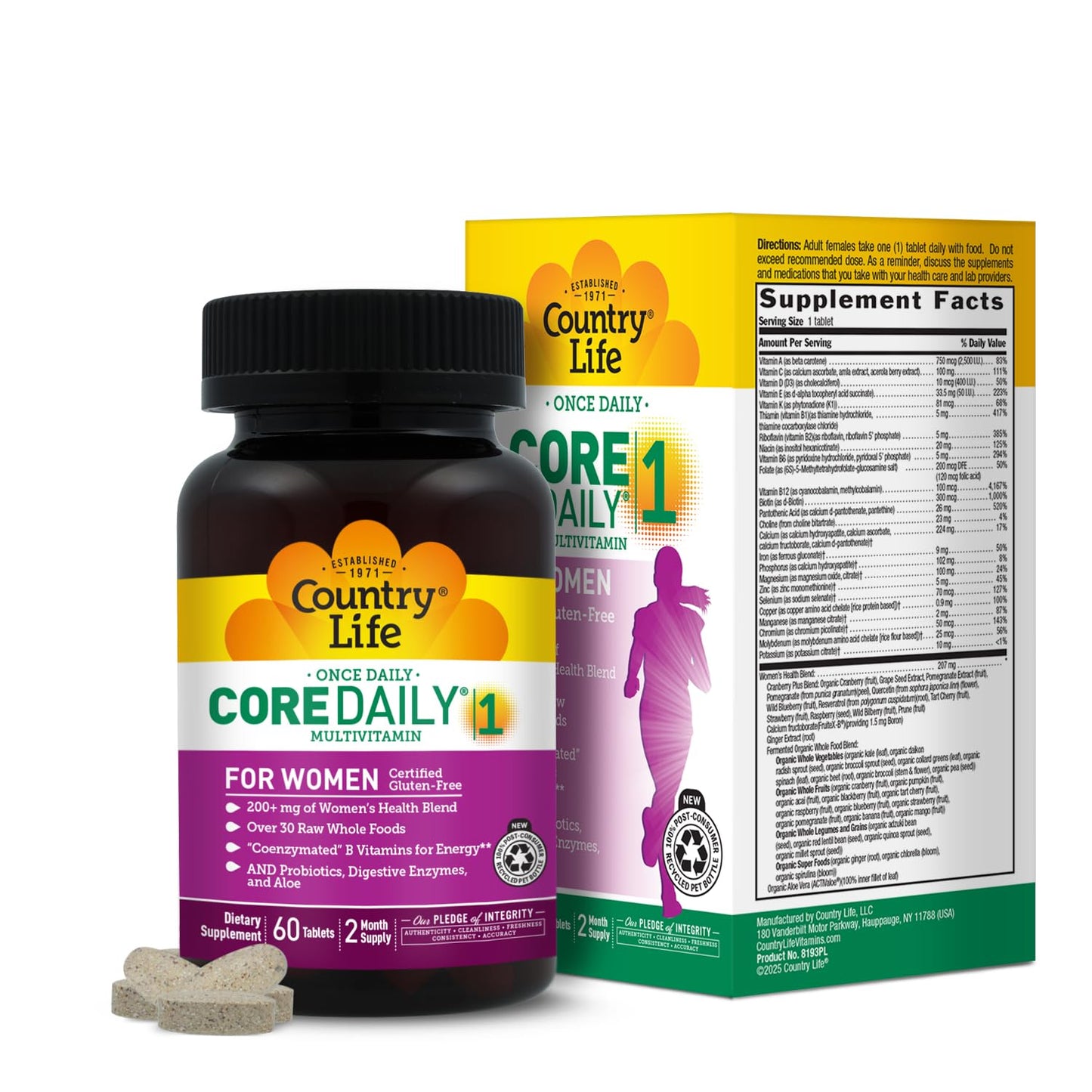 Country Life Women’s Core 1 Daily Multivitamin with Iron, Cranberry, Probiotics, and Digestive Enzymes-Certified Gluten-Free Formula for Energy, Immune Support and Complete Digestive Health, 60 Tablets