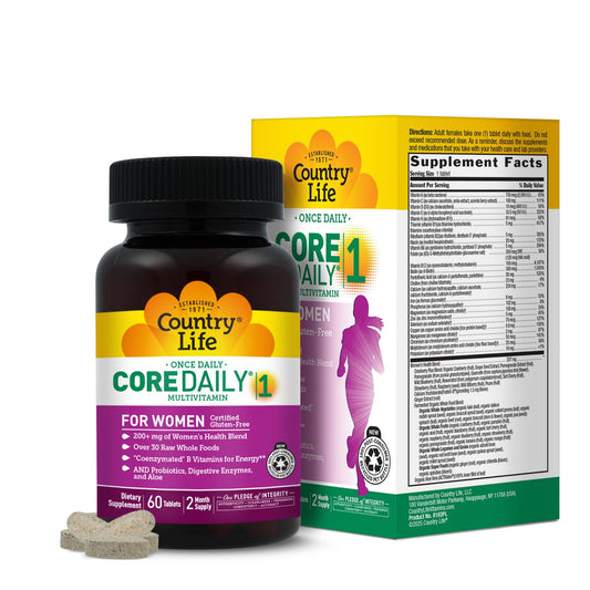 Country Life Women’s Core 1 Daily Multivitamin with Iron, Cranberry, Probiotics, and Digestive Enzymes-Certified Gluten-Free Formula for Energy, Immune Support and Complete Digestive Health, 60 Tablets
