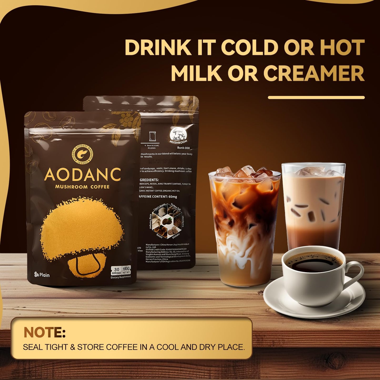 AODANC Mushroom Coffee Blend Powder, 6.35 oz