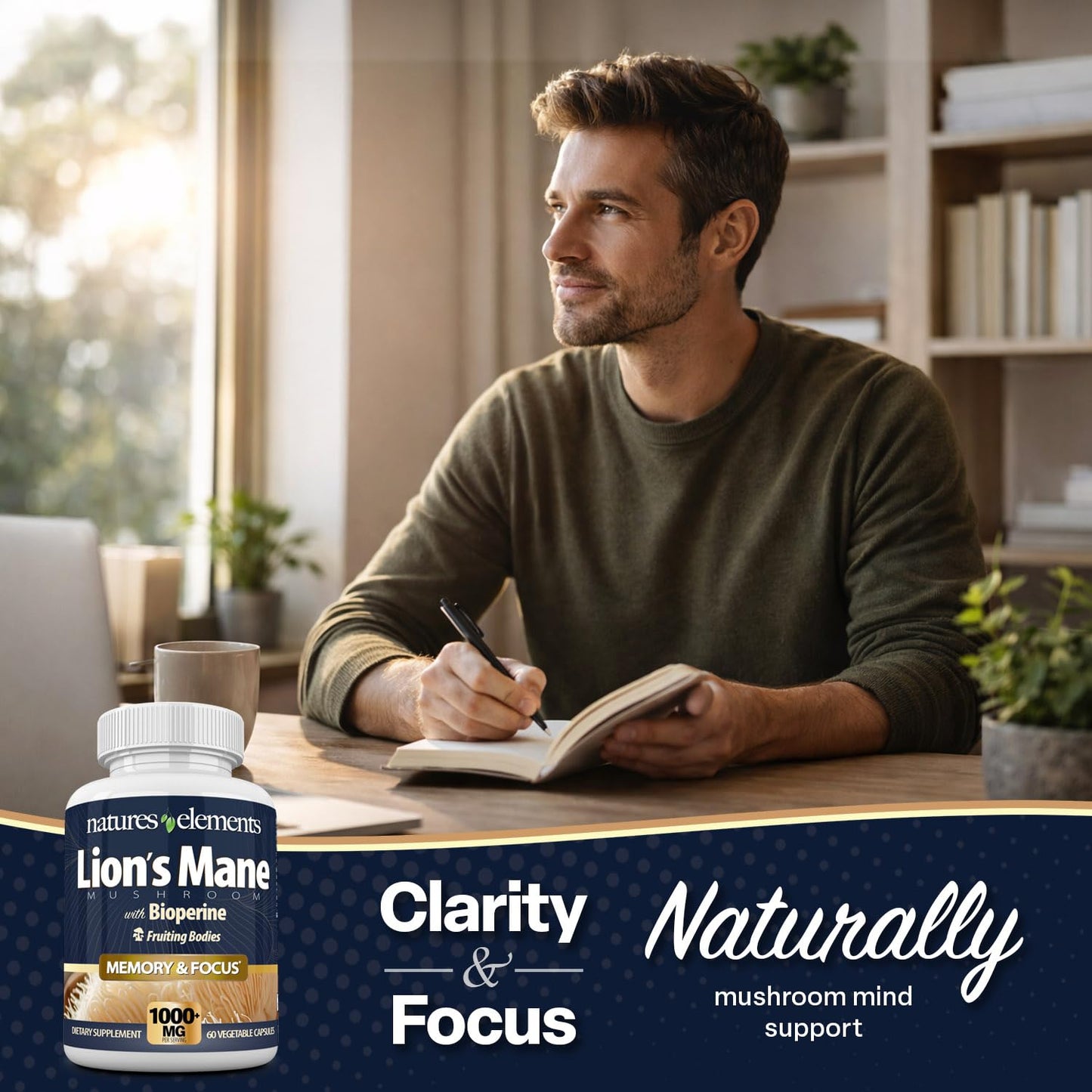 Natures Elements Lion’s Mane Mushroom with BioPerine 10:1 Extract – 1000mg Lion’s Mane + 10mg BioPerine – 30% Polysaccharides – 180 Capsules