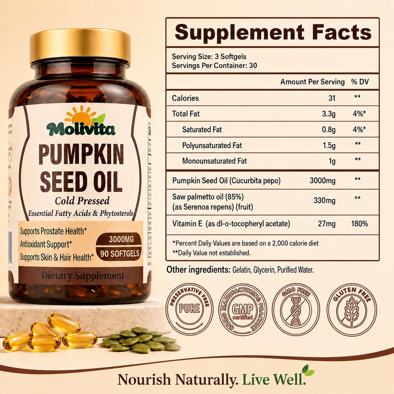 Molivita Pumpkin Seed Oil with Saw Palmetto 90 Softgels