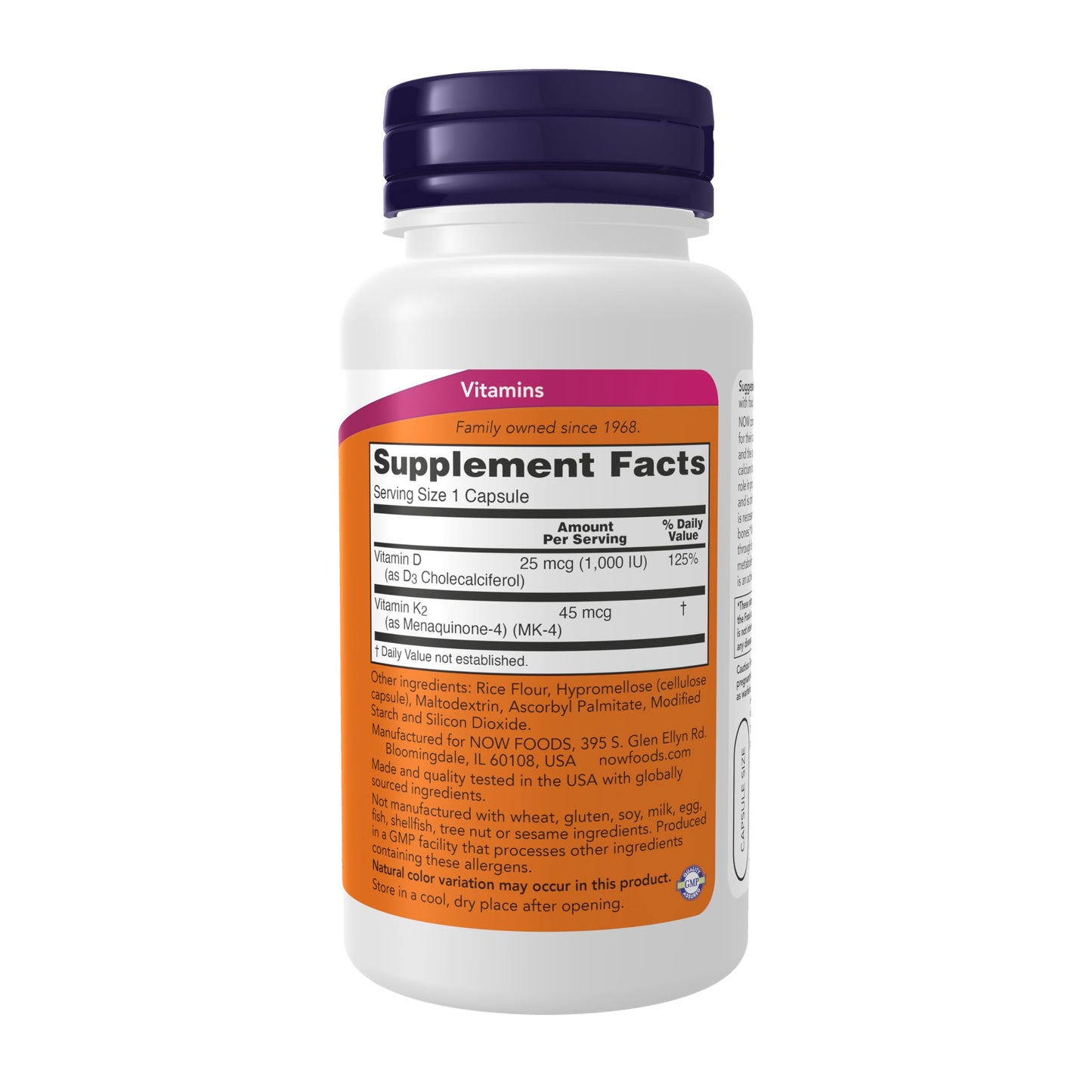 NOW Foods Vitamin D-3 & K-2 1000 IU/45 mcg Capsules, 120 Veg Capsules