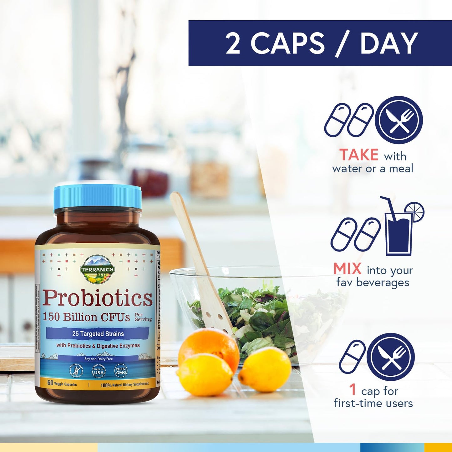 Terranics Daily Probiotics for Men & Women 150 Billion 25 Strains Probiotics with Prebiotics & Enzymes Delayed Release Shelf Stable, 60 Veggie Caps