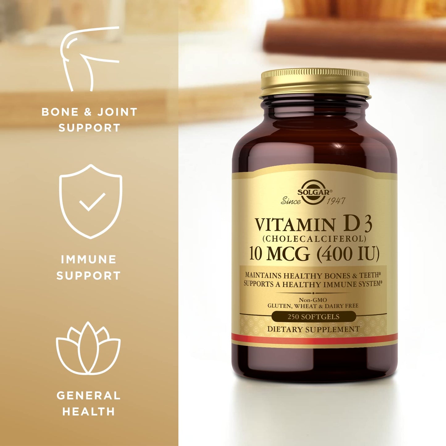 Solgar Vitamin D3 (Cholecalciferol) 10 mcg (400 IU) Softgel, 250 Count
