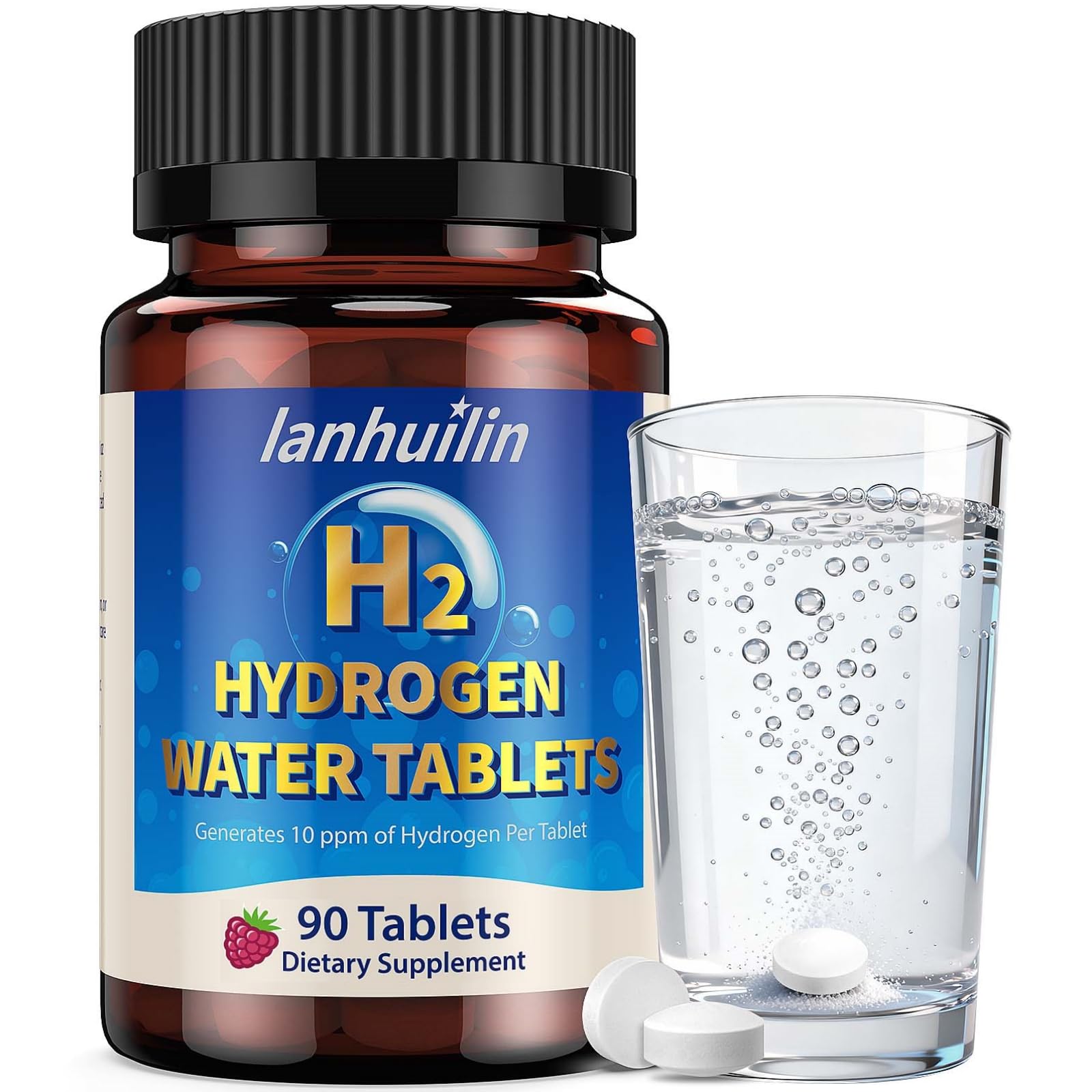 lanhuilin Hydrogen Water with Magnesium 150mg, 10 PPM Molecular Hydrogen for Drinking Water, H2 Hydrogen Water Supplement for Brain Health, Raspberry, 90 Tablets