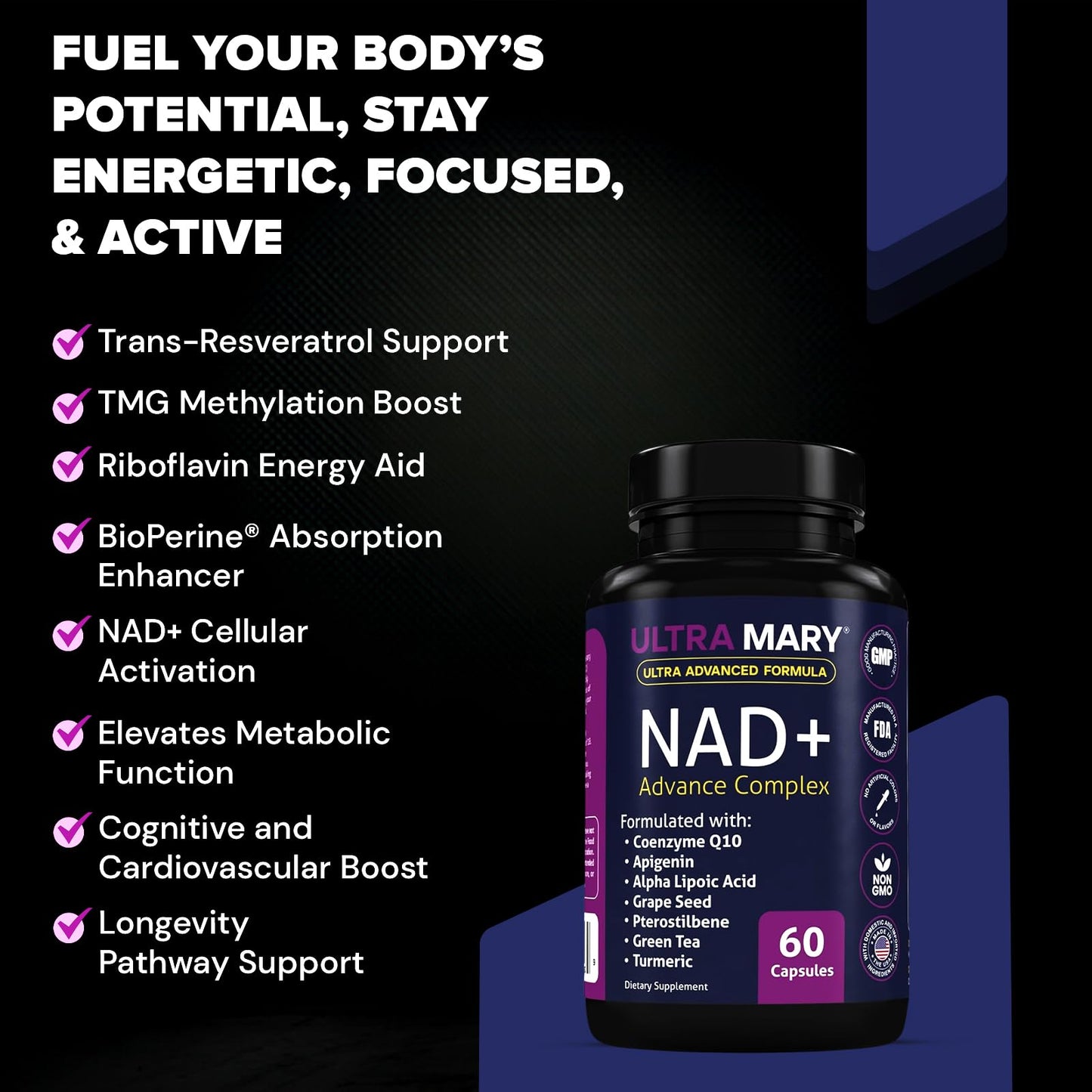 Ultra Mary NAD+ Resveratrol Supplement 60 Capsules