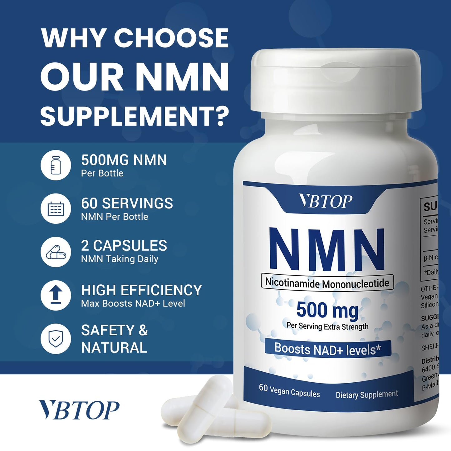 VBTOP NMN 500 mg Nicotinamide Mononucleotide Supplement, 60 Capsules