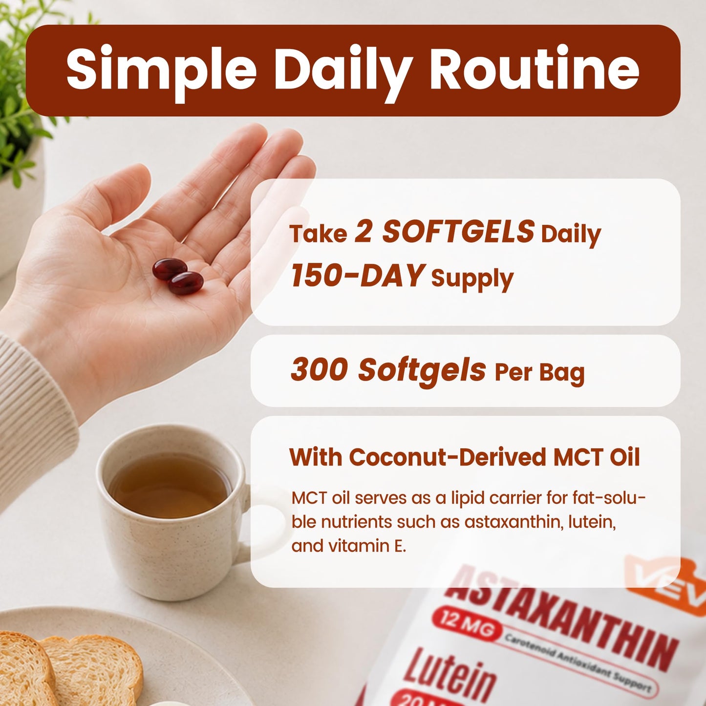 VEV Astaxanthin 12mg & Lutein 20mg Supplements with MCT Oil Softgels, 300
