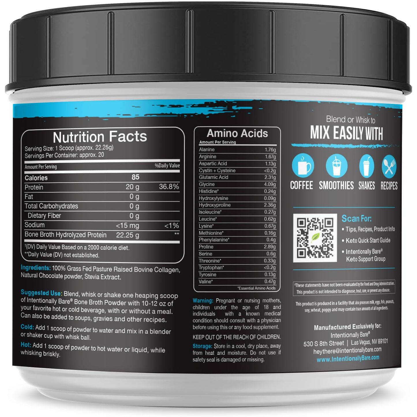 Intentionally Bare Bone Broth Powder, Grass-Fed, Collagen Peptides Type 1-3, Dairy Free, Chocolate, 20 Servings