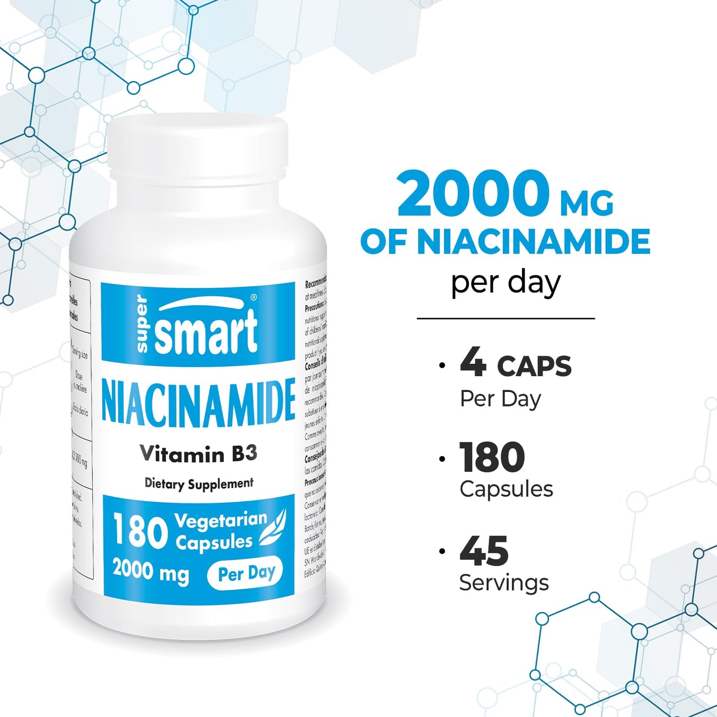 Supersmart Niacinamide Supplement 2000mg per Day (Nicotinamide) Flush Free Vitamin B3 Niacin, Capsule, 180