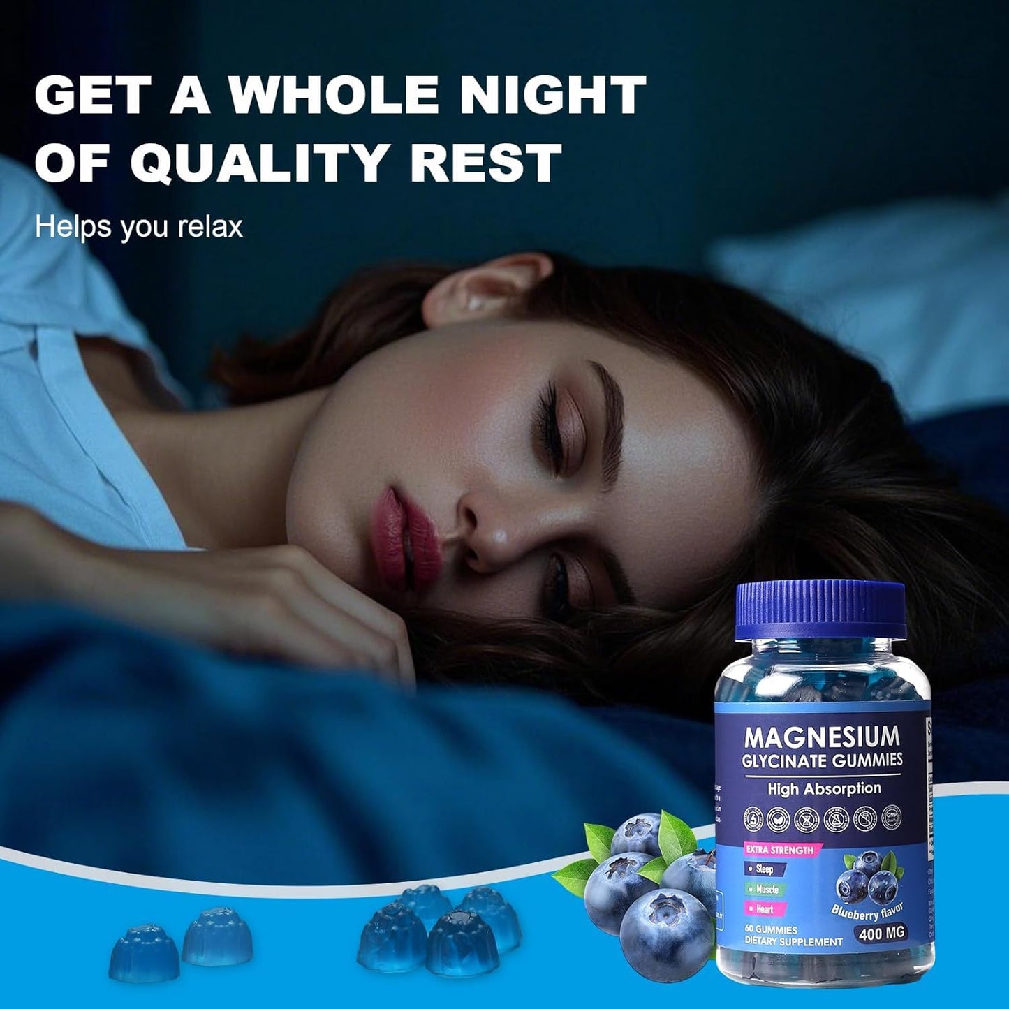 HISOKOI Magnesium Glycinate Gummies 400mg Blueberry Flavor, 60 Gummies