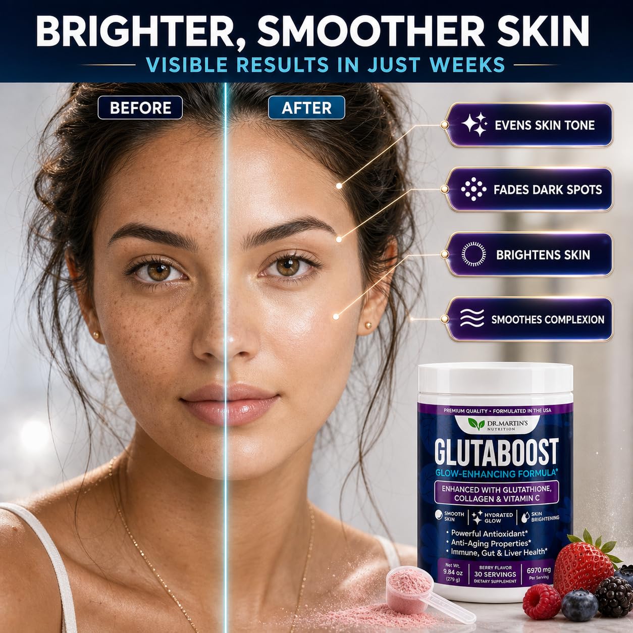 DR. MARTIN'S NUTRITION 6970mg Glutathione for Skin Brightening, Collagen & Vitamin C Powder, 9.84 Ounce