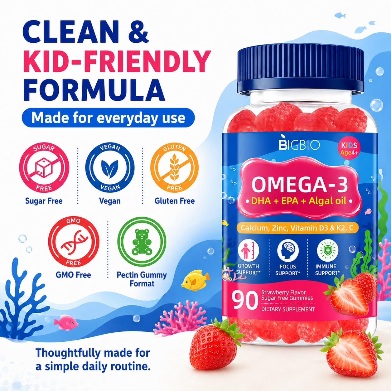 BIGBIO Omega 3 (EPA/DHA) Filled Gummies for Kids 90 Count