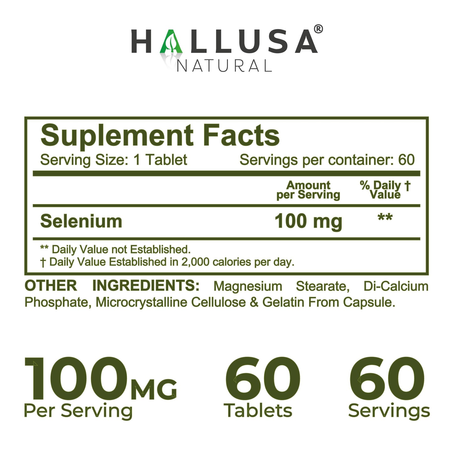 Hallusa Natural Selenium 100 mcg Tablets, 60 Count