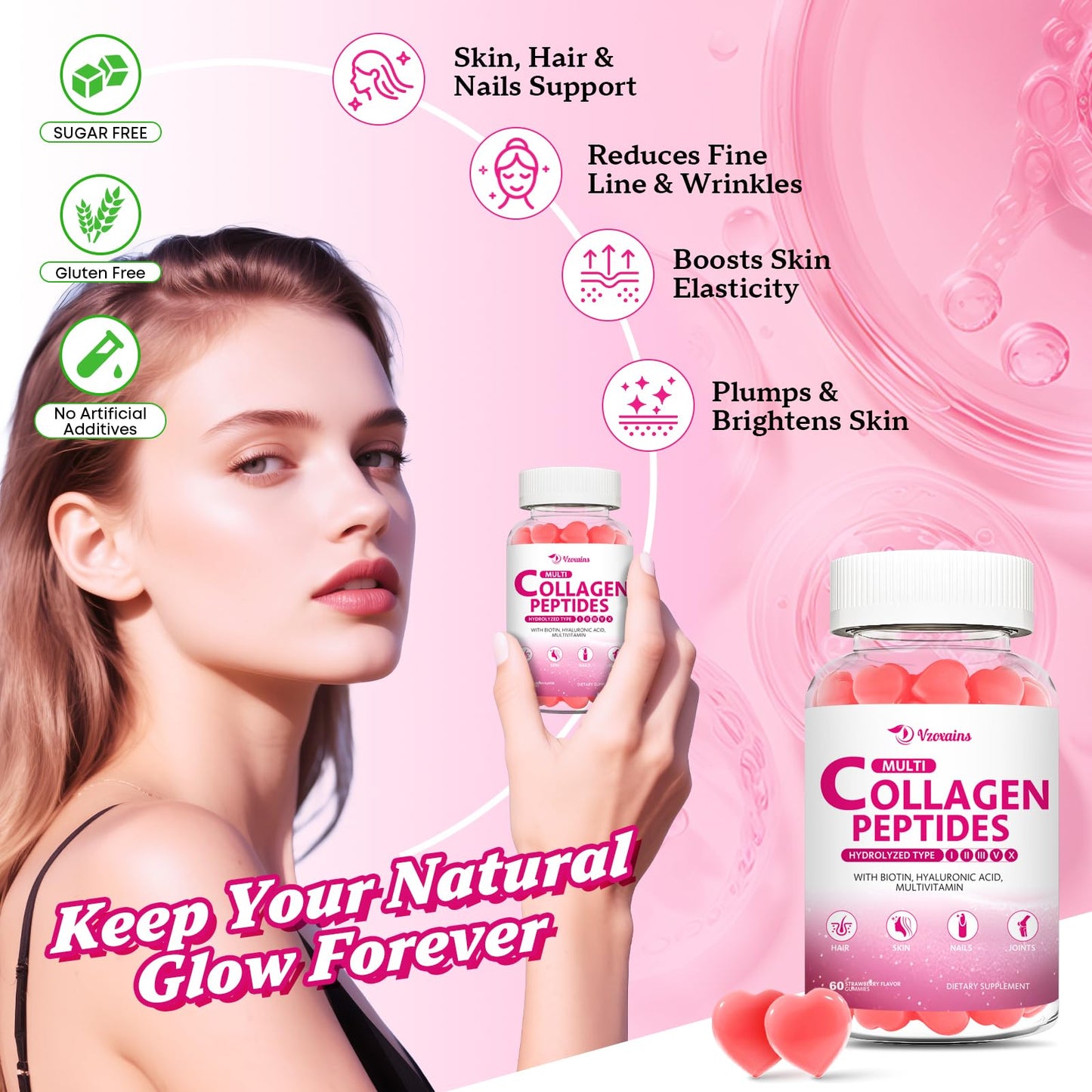 VZOXAINS Multi Collagen Peptides Gummies, Type I, II, III, V, X Collagen Protein with Biotin, Hyaluronic Acid, Vitamin C for Healthy Skin Support, Strawberry Flavored, Sugar Free, 60 Gummies