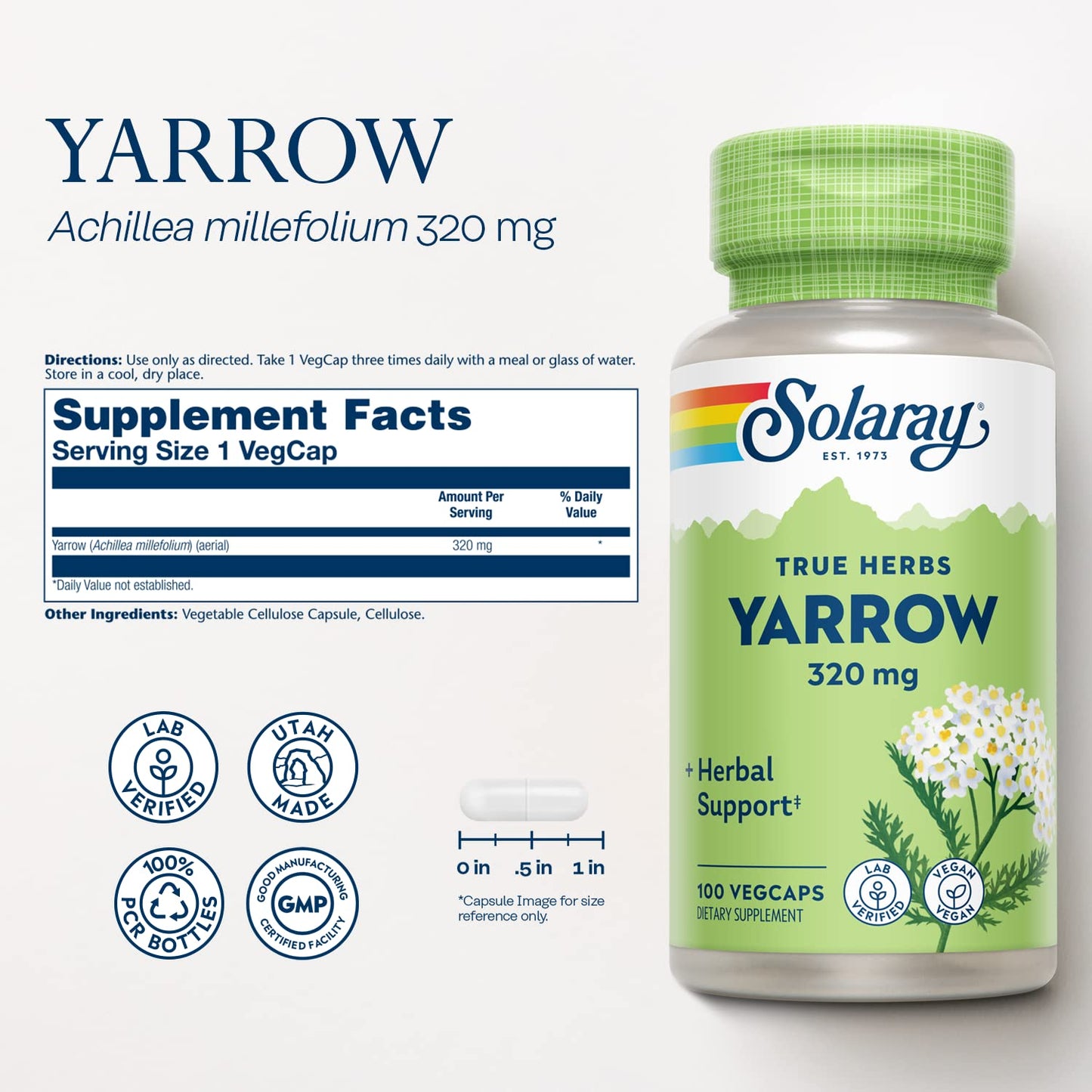 SOLARAY True Herbs Yarrow 320mg Whole Aerial 100 Capsules